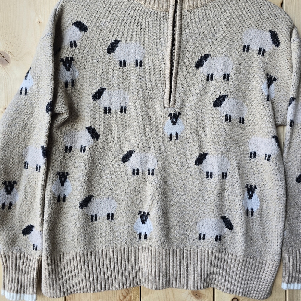 Ricki's Sheep Lamb Print 1/4 Zip Long Sleeve Pullover Tan Sweater Medium - Picture 3 of 12